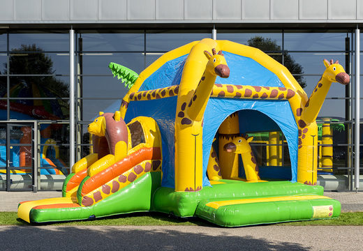 Buy covered multifun super bouncy castle with slide in giraffe theme for children. Order inflatable bouncy castles online at JB Inflatables UK