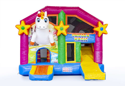 Medium inflatable multiplay bouncy castle in unicorn theme for children. Order inflatable bouncy castles online at JB Inflatables UK