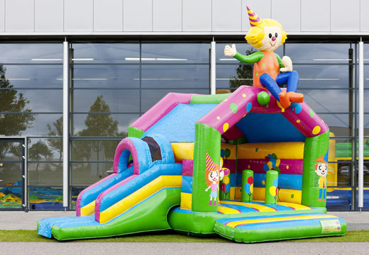 Order covered multifun bouncy castle with slide in party theme with 3D object at the top for both young and older children. Buy inflatable bouncy castles online at JB Inflatables UK