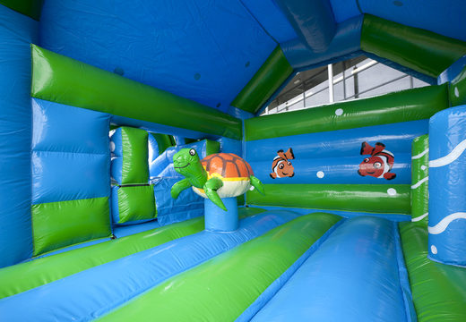 Order multifun bounce house with a striking 3D turtle figure at the top and a slide for kids. Buy bounce houses online at JB Inflatables UK