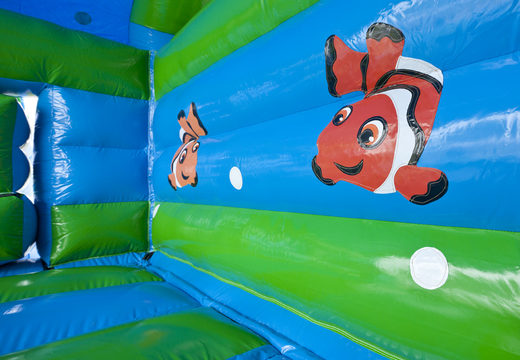 Order covered multifun bouncer with slide in turtle theme with 3D object at the top for kids. Buy inflatable bouncers online at JB Inflatables UK