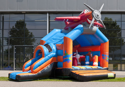 Order covered multi-fun bouncy castle with slide in the theme airplane with 3D object at the top for both young and older children. Buy bouncy castles online at JB Inflatables UK