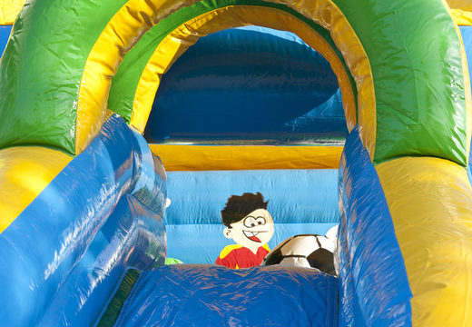 Buy an inflatable covered bouncy castle with a 3D football object on the roof at JB Inflatables UK. Order bouncy castles online at JB Inflatables UK