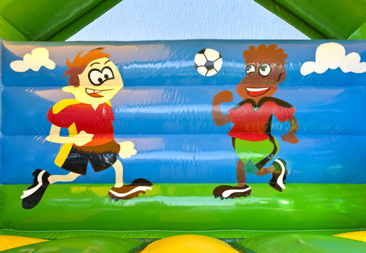 Buy a football inflatable indoor bouncy castle with various obstacles, a slide and a 3D object on the roof at JB Inflatables UK. Order bouncy castles online at JB Inflatables UK