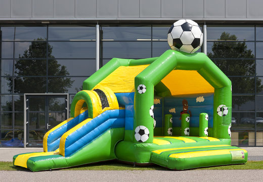 Order covered multifun bouncer with slide in the theme of football with 3D object at the top for both young and older children. Buy inflatable bouncers online at JB Inflatables UK