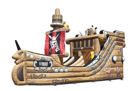 Pirate ship inflatable slide in a striking shape with cool 3D objects and full color prints for your children. Order inflatable slides now online at JB Inflatables UK
