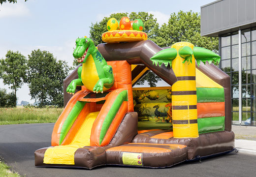Buy inflatable slide combo dinosaur-themed bouncy castle for kids. Order inflatable bouncy castles with slide now at JB Inflatables UK 