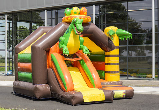Order inflatable slide combo bouncy castle with green dinosaur. Inflatable dinosaur-themed bouncy castles with slide for sale at JB Inflatables UK