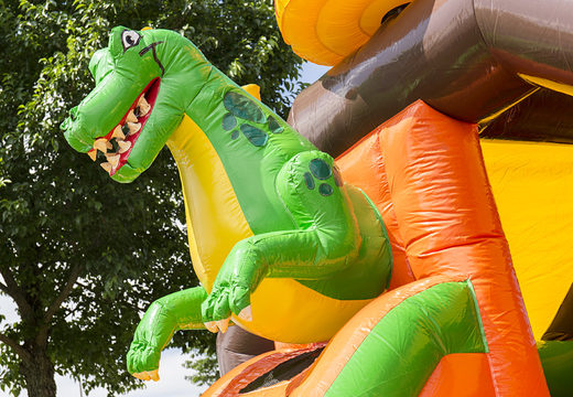 Inflatable slide combo bounce house in dinosaur theme to buy at JB Inflatables UK. Buy inflatable bounce houses with slide and green dinosaur for kids
