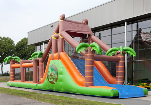 Buy a unique 17 meter wide jungle themed obstacle course with 7 game elements and colorful objects for kids. Order inflatable obstacle courses now online at JB Inflatables UK