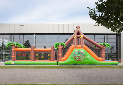 Order a 17 meter wide unique jungle themed obstacle course with 7 game elements and colorful objects for children. Buy inflatable obstacle courses online now at JB Inflatables UK
