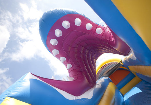 Unique multifunctional shark themed slide with a splash pool, impressive 3D object, fresh colors and the 3D obstacles for children. Buy inflatable slides now online at JB Inflatables UK