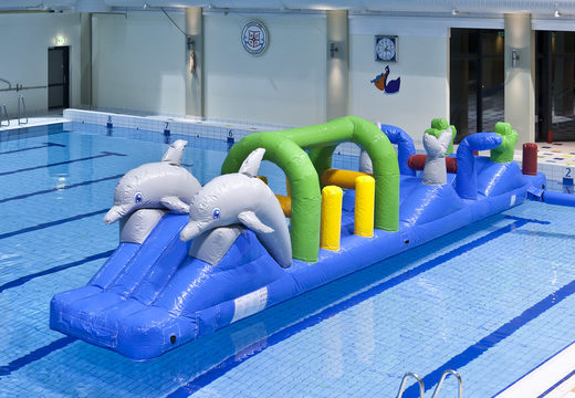 Cool dolphin themed pool run with challenging obstacle objects for both young and old. Order inflatable pool games now online at JB Inflatables UK