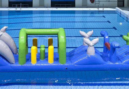 Order unique inflatable swimming pool run in dolphin theme with challenging obstacle objects for both young and old. Buy inflatable water attractions online now at JB Inflatables UK