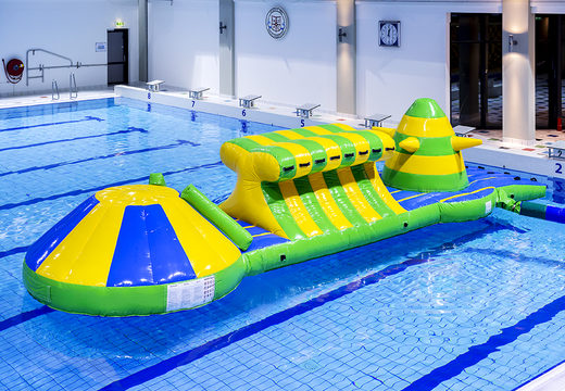 Buy inflatable adventure run green/blue 10m swimming pool with challenging obstacle objects and round slide for both young and old. Buy inflatable pool games now online at JB Inflatables UK
