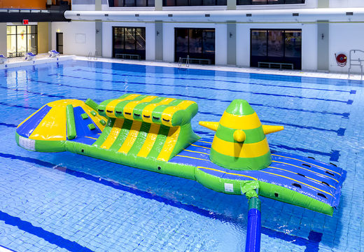 Order swimming pool adventure run green/blue 10m with challenging obstacle objects and round slide for both young and old. Buy inflatable water attractions online now at JB Inflatables UK