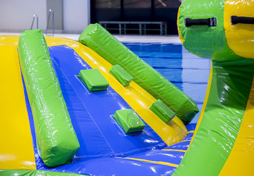 Slide swimming pool adventure run green/blue 10m with challenging obstacle objects and round slide for both young and old. Buy inflatable water attractions online now at JB Inflatables UK
