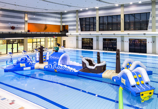 Buy a double inflatable 16 meter long pirate run swimming pool assault course in a unique design with funny 3D objects and no less than 2 slides for both young and old. Order inflatable water attractions now online at JB Inflatables UK