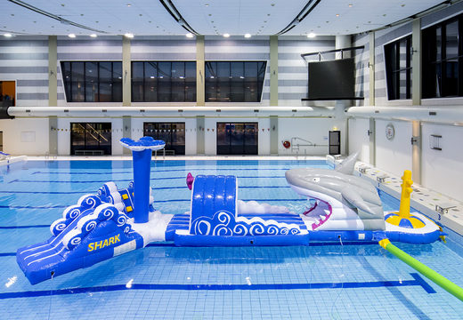Order 13 meters long inflatable shark run swimming pool assault course in a unique design with funny 3D objects and no less than 2 slides for kids. Buy inflatable obstacle courses online now at JB Inflatables UK