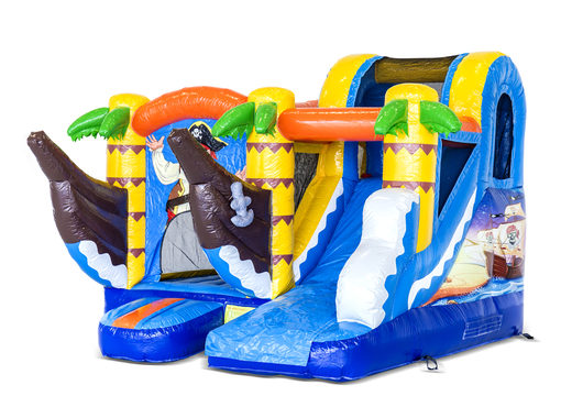 Buy a small indoor inflatable multiplay bouncy castle in pirate theme with slide  for kids. Order inflatable bouncy castles online at JB Inflatables UK
