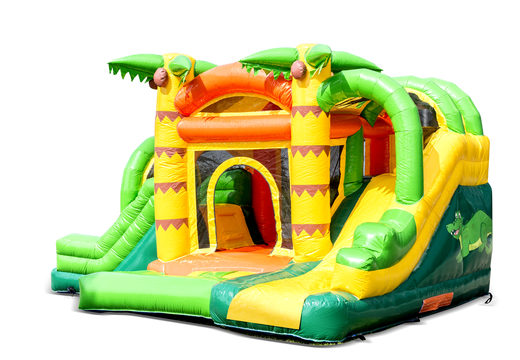 Buy a small indoor inflatable multiplay bouncy castle in a jungle theme with slide for children. Order inflatable bouncy castles online at JB Inflatables UK