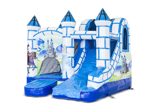 Order small indoor inflatable multiplay bouncy castle in theme blue and white castle with slide for children. Buy inflatable bouncy castles online at JB Inflatables UK