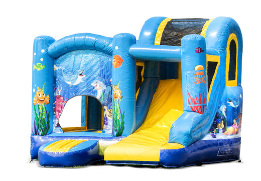 Buy a small indoor inflatable multiplay bouncy castle with slide in the ocean theme for kids. Order inflatable bouncy castles online at JB Inflatables UK