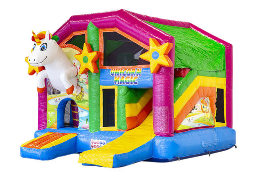 Buy an inflatable indoor multiplay bouncy castle with slide in the theme unicorn for children. Order inflatable bouncy castles online at JB Inflatables UK