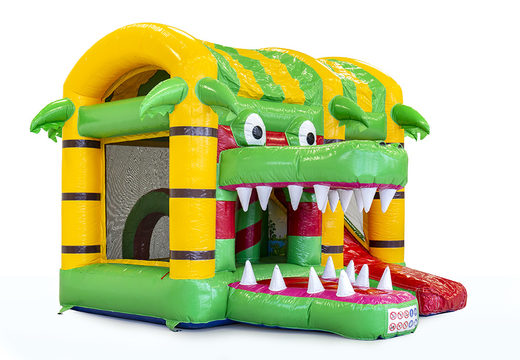 Mini inflatable multiplay bouncy castle in crocodile theme for children. Order inflatable bouncy castles online at JB Inflatables UK