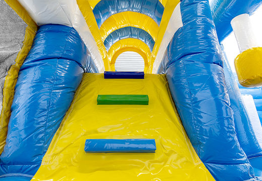 Multiplay frozen ice bouncy castle with a slide, fun objects on the jumping surface and eye-catching 3D objects to buy for kids. Order inflatable bouncy castles online at JB Inflatables UK