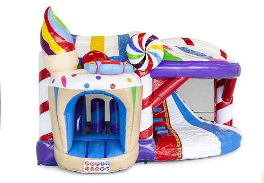 Buy medium inflatable candyland bouncy castle with slide for kids. Order inflatable bouncy castles online at JB Inflatables UK