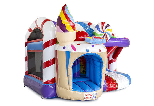 Candyland themed bouncy castle with 3D objects inside and a slide for kids. Buy inflatable bouncy castles online at JB Inflatables UK