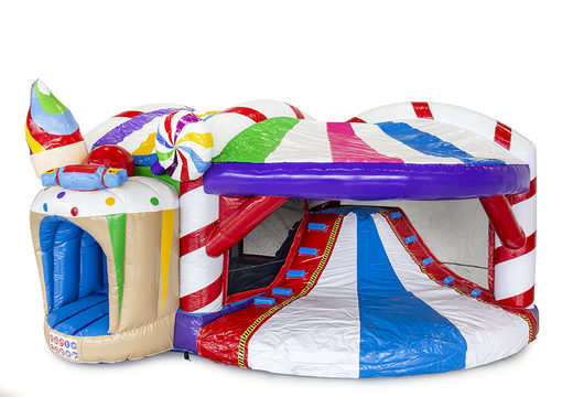 Buy inflatable indoor multiplay bouncy castle with slide in candyland theme for children. Order inflatable bouncy castles online at JB Inflatables UK