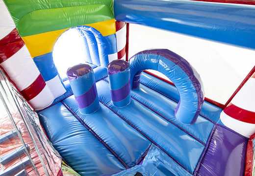Order medium inflatable candyland themed multiplay bouncer with slide for kids. Buy inflatable bouncers online at JB Inflatables UK