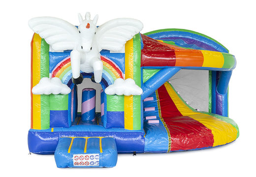 Bouncer in unicorn theme with slide and with 3D objects inside for children. Buy inflatable bouncers online at JB Inflatables UK
