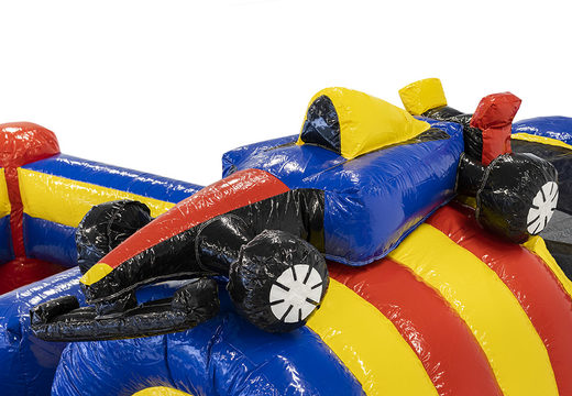 Bouncer in formula 1 theme with slide, fun objects on the jumping surface and striking 3D objects for children. Buy inflatable bouncers online at JB Inflatables UK
