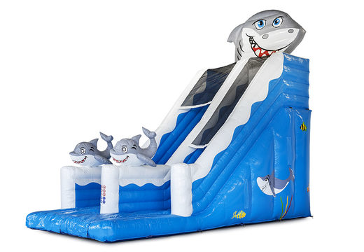 Get your inflatable shark slide with the cheerful colors, 3D objects and fun print on the side wall for children. Order inflatable slides now online at JB Inflatables UK