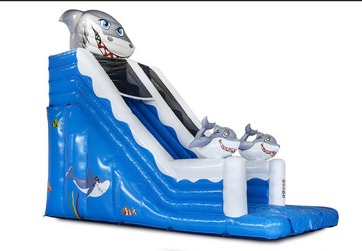 Shark super slide with the cheerful colors, 3D objects and nice print order. Buy inflatable slides now online at JB Inflatables UK