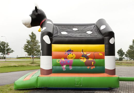 Buy a standard bouncers for children in striking colors with a large 3D object in the shape of a cow on top. Order bouncers online at JB Inflatables UK