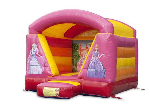 Buy a small inflatable bouncy castle with roof in pink and yellow princess theme for kids. Order bouncy castles now at JB Inflatables UK online