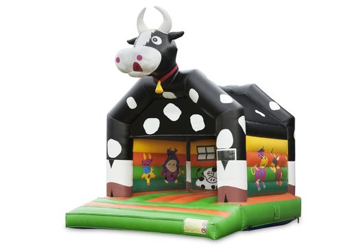 Buy a standard bouncy castle for children in striking colors with a large 3D object of a cow on top. Buy inflatables online at JB Inflatables UK