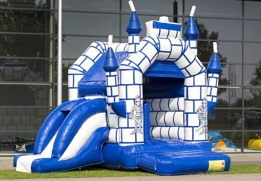 Order a midi multifun blue inflatable bouncy castle with roof for kids in castle theme. Buy bouncy castles online at JB Inflatables UK 
