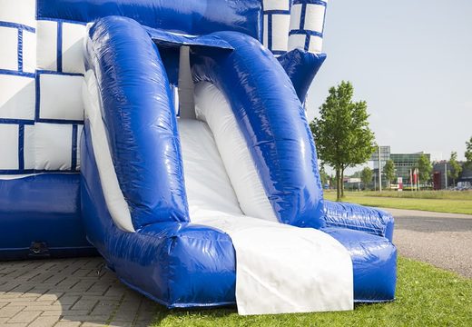 Midi castle theme multifun inflatable bouncy castle with a roof and in a colour combination of blue and white for sale at JB Inflatables UK online