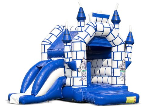 Midi multifun inflatable bounce house in for kids for sale in a color combination of blue and white in castle theme. Online available at JB Inflatables UK 