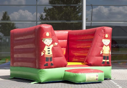 Buy a mini open bouncy castle in fire department theme in the colour red. Available at JB Inflatables UK online