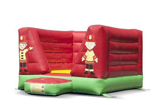 Small mostly red open bounce house in fire brigade theme for sale. Visit JB Inflatables UK online