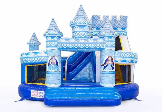 Buy a blue multifunctional Funcity princess bouncy castle with a slide for children. Order bouncy castles online at JB Inflatables UK