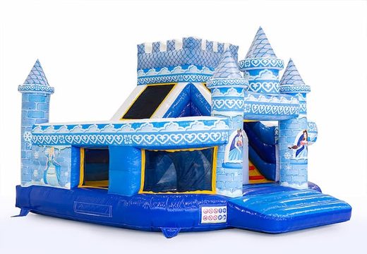 Buy inflatable blue open multiplay bouncy castle with slide in princess theme for kids Order bouncy castles online at JB Inflatables UK