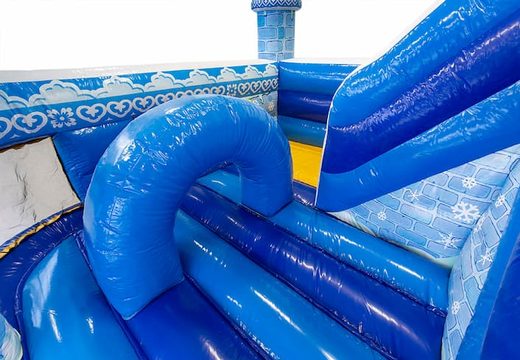 Funcity princess bouncer in blue with a slide on the inside, the 3D object on the jumping surface and fun princess design for children. Buy bouncers online at JB Inflatables UK
