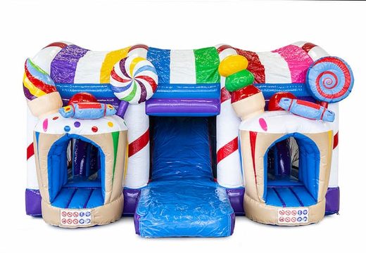 Multiplay XXL Candyland bouncy castle in a unique design with two entrances, a slide in the middle and 3D objects for kids. Buy bouncy castles online at JB Inflatables UK